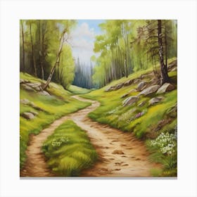 Path In The Woods.A dirt footpath in the forest. Spring season. Wild grasses on both ends of the path. Scattered rocks. Oil colors.28 Canvas Print