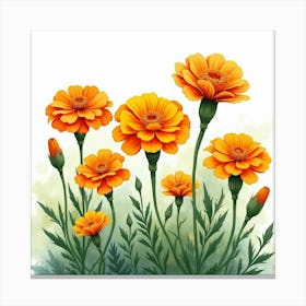 Bright Marigolds Blooming In A Watercolor Garden Scene 1 Canvas Print