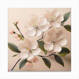 Firefly Soft Cherry Blossoms With Minimal Black Outlines On A Beige Background, With Subtle Leaves I (3) 1 Canvas Print