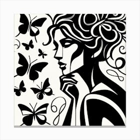 Black and White Female Portrait with Butterflies Canvas Print
