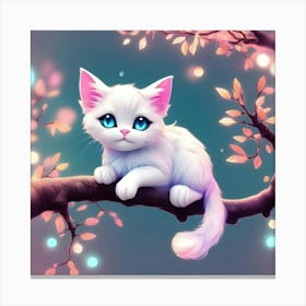 White Cat On A Tree Branch Canvas Print