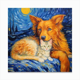 Starry Night Cat And Dog Canvas Print