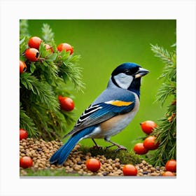 Bird On Berries Canvas Print