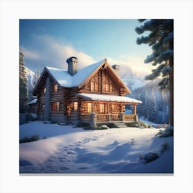 Log Cabin In Winter paintings art print Canvas Print