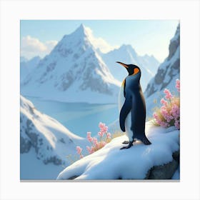 Penguin On Snowy Cliff Flowers 1 Canvas Print