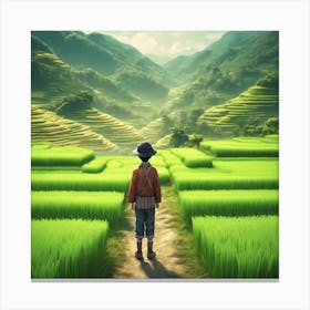 Man Walking Through A Rice Field Canvas Print