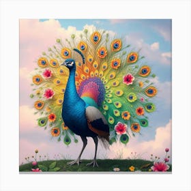 Enchanted Peacock With A Floral Tail Fanning Out Like A Rainbow, Strutting Under A Pastel Sky 1 Canvas Print