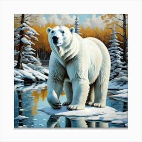 White Polar Bear By Icy Lake With Tall Trees And Frosty Leaves Canvas Print