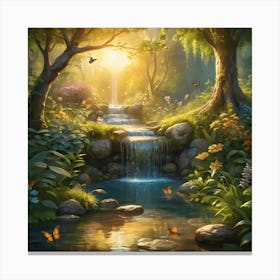 Waterfall In The Forest With Butterflies at Sunset Canvas Print