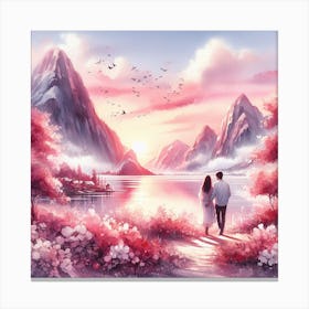Couple Walking By The Lake Canvas Print