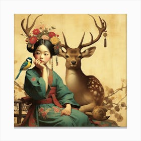 Chinese Girl And Deer Canvas Print
