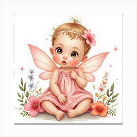 Baby Girl Dressed In Fairy Wings, Surrounded By Watercolor Flowers Canvas Print