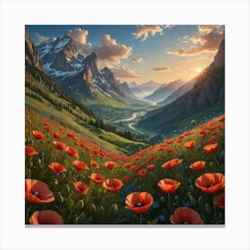 Amazing landscape, mountains, poppies Canvas Print