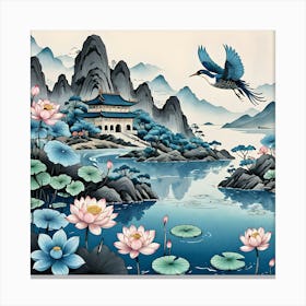 Chinese Landscape With Lotus Flowers, White, Pink, Blue and Black Canvas Print