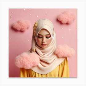 A beautiful young woman wearing a hijab stands in front of a pink background. The hijab is a light pink color, and the woman's skin is flawless. Her eyes are dark brown, and her lips are a soft pink. She is wearing a yellow dress, and her hair is covered by the hijab. The woman is surrounded by pink clouds, and she has a serene expression on her face. The image is peaceful and calming, and it evokes a sense of tranquility. Canvas Print