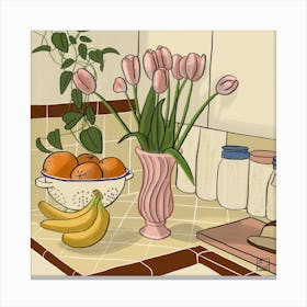Kitchen Still Life With Pink Tulips Square Canvas Print