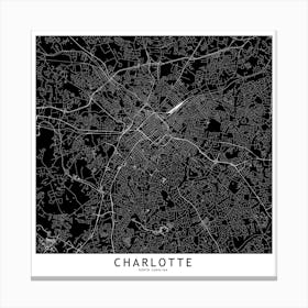 Charlotte Black And White Map Square Canvas Print