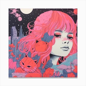 Ethereal Girl Surreal Risograph Illustration, Bubblegum Colours 3, Cats & Dreams Canvas Print