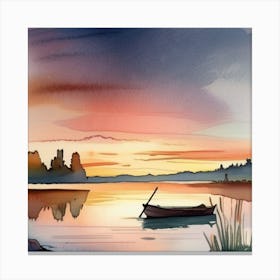 Watercolor Boat At Sunset Canvas Print