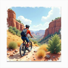 Mountain Bike On A Rocky Trail With A Canyon View Watercolor 1 Canvas Print