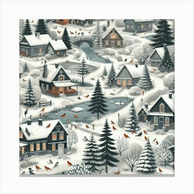 Winter Village, Trees And Lake Canvas Print