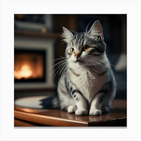 Cat Sitting In Front Of Fireplace Canvas Print