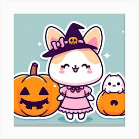 Cat with pumpkins Halloween cartoon, cute, kawaii, anime Canvas Print