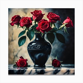 Gothic Still Life with Red Roses and Black Ceramic Vase Lienzo