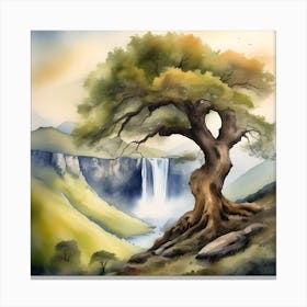 Watercolor Of A Tree And Waterfall Canvas Print