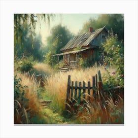 House In The Countryside Among The Grass And Trees, Acrylic Painting Style Canvas Print