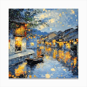 Peaceful Village Waterway Night Scene 6 Stampe su tela