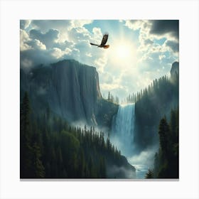 Eagle Flying Over Waterfall Canvas Print