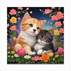 Kittens In Flowers2 Canvas Print