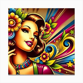 Colorful Girl With Flowers 2 Canvas Print