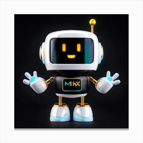 Happy Cybernetic Robot Emoji Cartoon Style Icon Against A Black Background Rendered In 3d Hologr Canvas Print