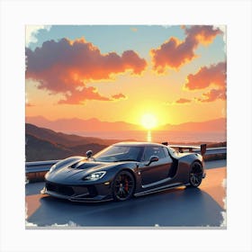 Modern Sports Car With A Tranquil Sunset View, Watercolor Painting 1 Canvas Print