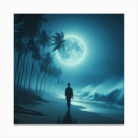 Man Walking On The Beach At Night 1 Canvas Print