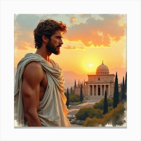 Graceful Greek Man In Watercolor, With A Picturesque Sunset Over The Ancient Landscape 1 Canvas Print