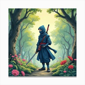 Ninja Fighter In A Watercolor Mystical Garden 1 Canvas Print