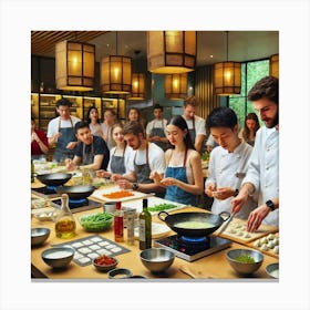 A Lively Cooking Class Scene Where Guests Are Lear Canvas Print