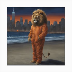 Lion In Beach Suit At Night, Downtown New York, By Vladimir Loz, In The Style Of Surrealistic Elemen (2) Canvas Print