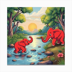 Elephants In The River Canvas Print