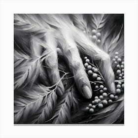 Abstract, Black And White, Nature’s Touch: Hand Among Leaves 2 Canvas Print