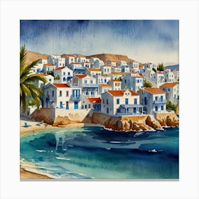 Blue Houses On The Beach.Summer on a Greek island. Sea. Sand beach. White houses. Blue roofs. The beauty of the place. Watercolor. Canvas Print