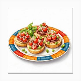 Watercolor Illustration Of Spanish Tapas Served On A Colorful Plate Canvas Print