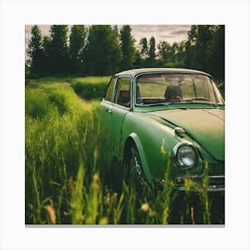 Green Car In Grass Canvas Print