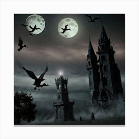Owls Flying Over A Castle Canvas Print