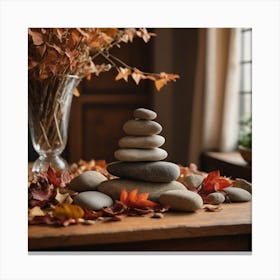 A Pyramid Of Rocks Sits On A Wooden Table Surrounded By Fallen Leaves, Flowers, And A Chair In A Cozy Natural Indoor Setting 2 Canvas Print