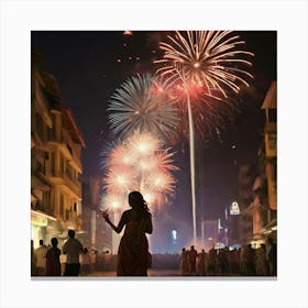 Woman Watching Fireworks Canvas Print
