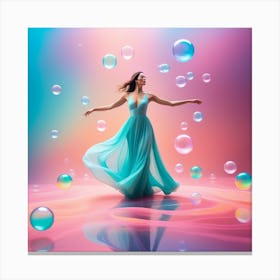 Beautiful Girl In Blue Dress With Bubbles Canvas Print
